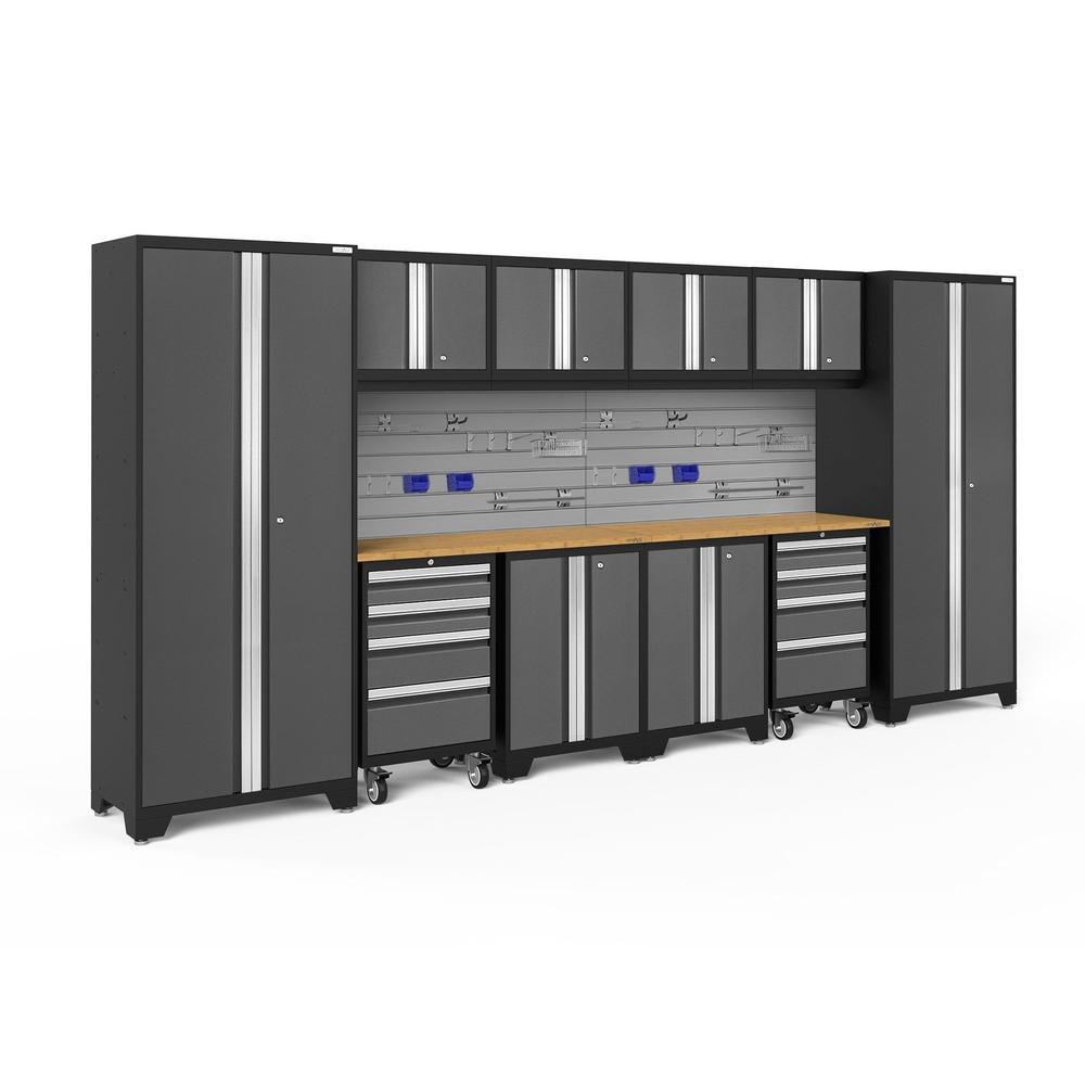 Newage Products Bold 3.0 Series 12-Piece Garage Cabinet Set With 2X Rolling Tool Cabinets-51554-Grey-Bamboo Worktop-Slatwall Backsplash + 12-Piece Hook Kit-Garage Giant