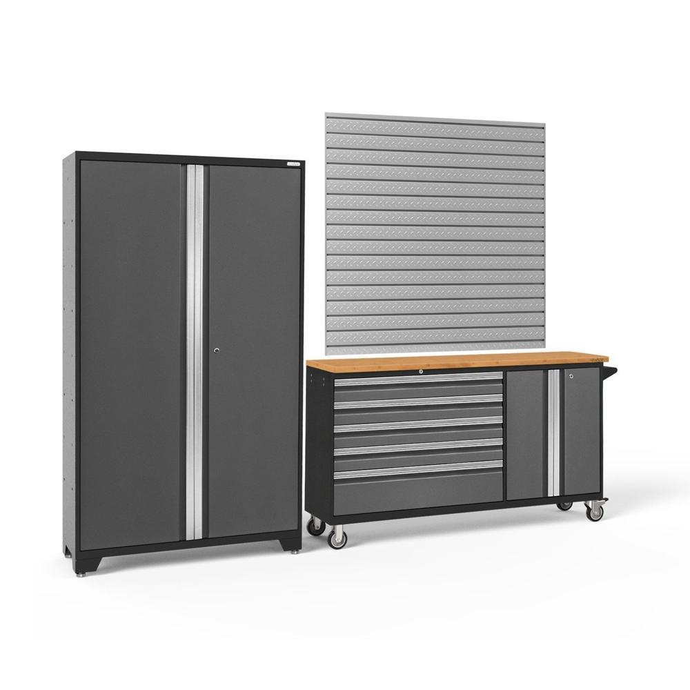 Newage Products Bold 3.0 Series 2-Piece Garage Cabinet Set With Project Center-50687-Grey-Bamboo Worktop-Slatwall Backsplash-Garage Giant