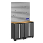 Newage Products Bold 3.0 Series 3-Piece Garage Cabinet Set With Slatwall-50664-Bamboo Worktop-16 sq. ft. Steel Slatwall with 12-Piece Hook Kit-Garage Giant 