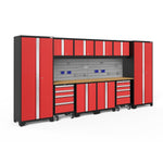 Newage Products Bold 3.0 Series 12-Piece Garage Cabinet Set With 2X Rolling Tool Cabinets-51580-Red-Bamboo Worktop-Slatwall Backsplash + 12-Piece Hook Kit-Garage Giant 