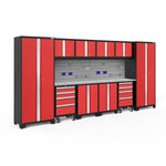 Newage Products Bold 3.0 Series 12-Piece Garage Cabinet Set With 2X Rolling Tool Cabinets-51847-Red-Stainless Steel Worktop-Slatwall Backsplash + 12-Piece Hook Kit-Garage Giant 