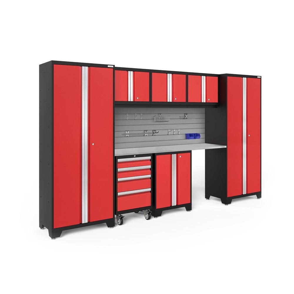 Newage Products Bold 3.0 Series 8-Piece Garage Cabinet Set-50889-Red-Stainless Steel Worktop-Slatwall Backsplash + 12-Piece Hook Kit-Garage Giant