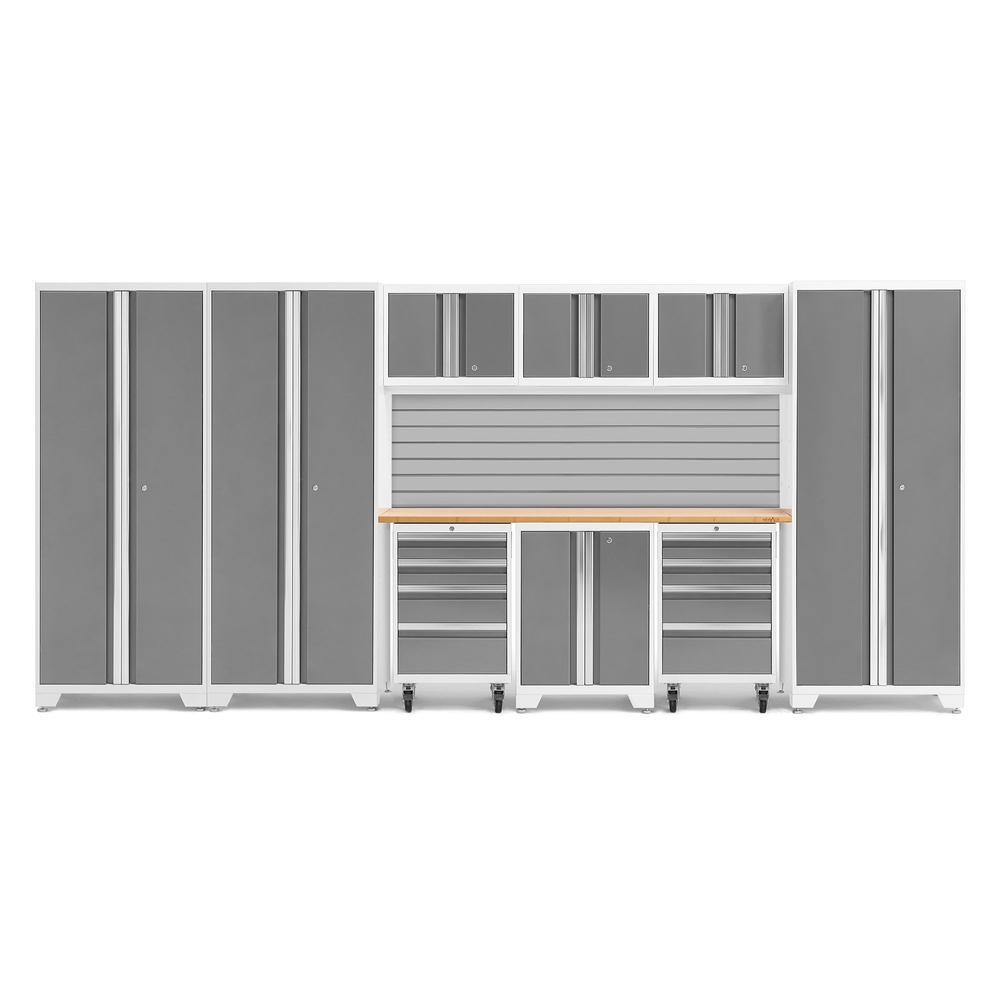 Newage Products Bold 3.0 Series 10-Piece Garage Cabinet Set-56980-Platinum-Bamboo Worktop-Slatwall Backsplash-Garage Giant