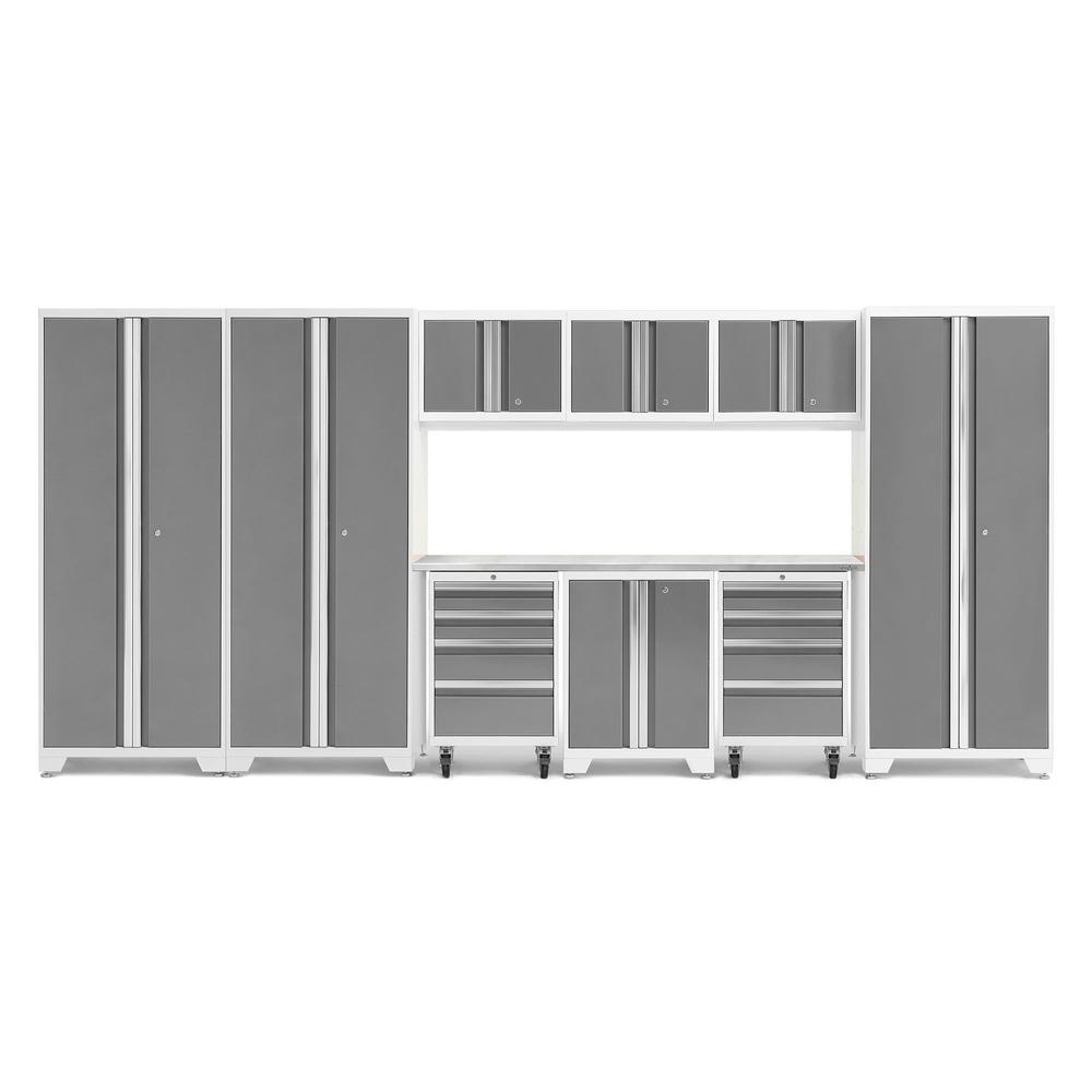 Newage Products Bold 3.0 Series 10-Piece Garage Cabinet Set-56979-Platinum-Stainless Steel Worktop-LED Lights-Garage Giant