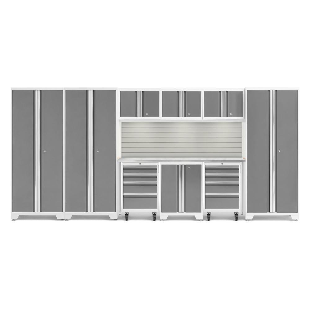 Newage Products Bold 3.0 Series 10-Piece Garage Cabinet Set-56983-Platinum-Stainless Steel Worktop-LED Lights + Slatwall Backsplash-Garage Giant