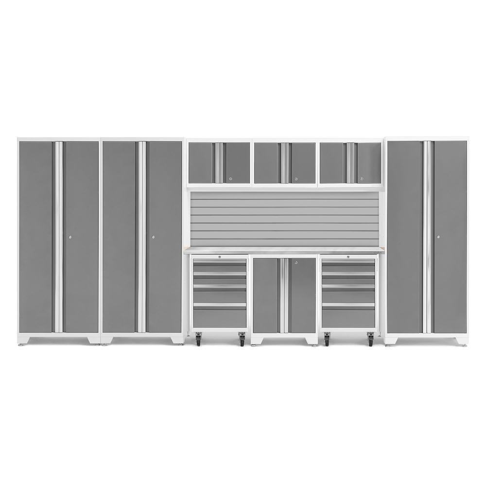 Newage Products Bold 3.0 Series 10-Piece Garage Cabinet Set-56981-Platinum-Stainless Steel Worktop-Slatwall Backsplash-Garage Giant