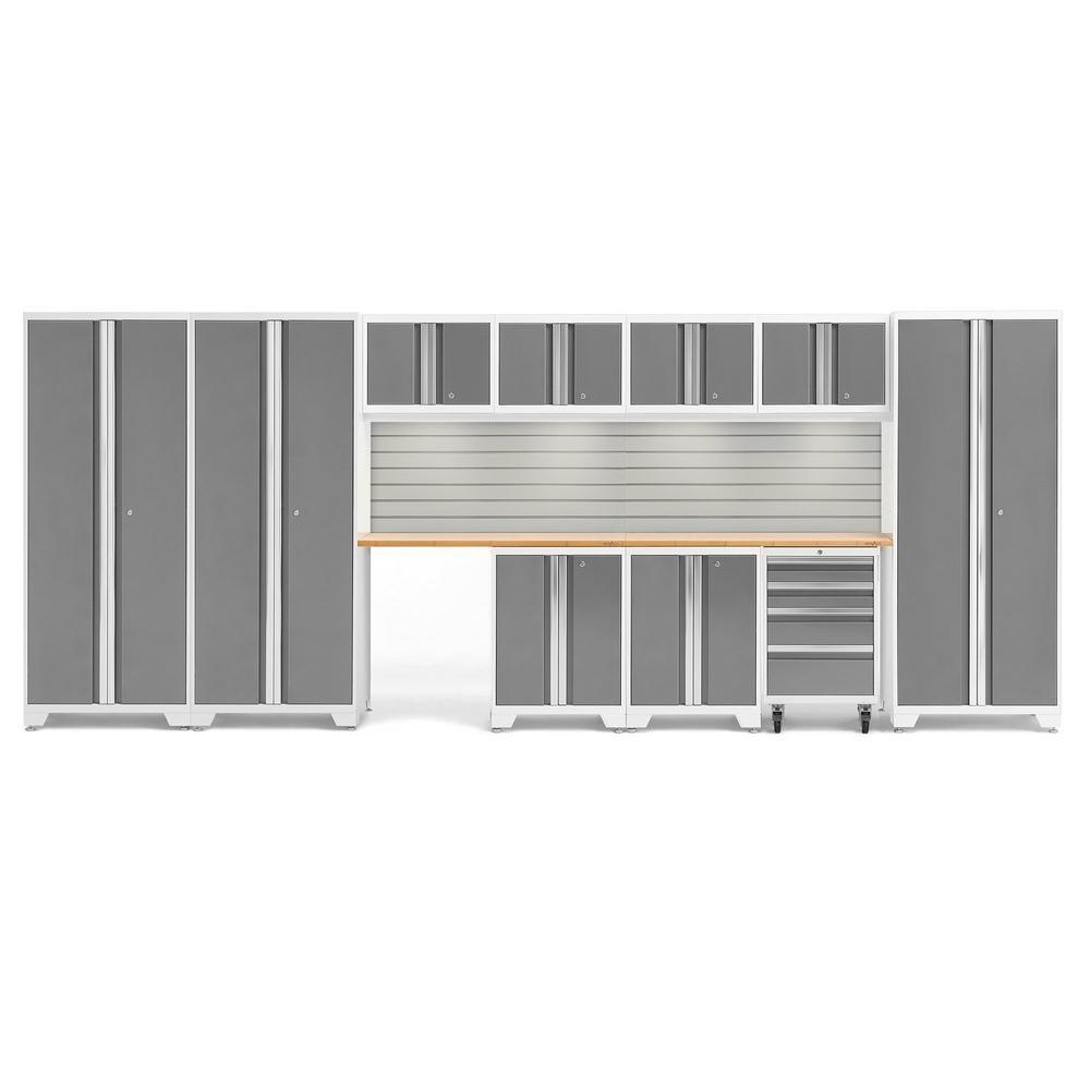 Newage Products Bold 3.0 Series 12-Piece Garage Cabinet Set With 3X Multi-Use Lockers-56991-Platinum-Bamboo Worktop-LED Lights + Slatwall Backsplash-Garage Giant
