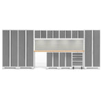 Newage Products Bold 3.0 Series 12-Piece Garage Cabinet Set With 3X Multi-Use Lockers-56991-Platinum-Bamboo Worktop-LED Lights + Slatwall Backsplash-Garage Giant 