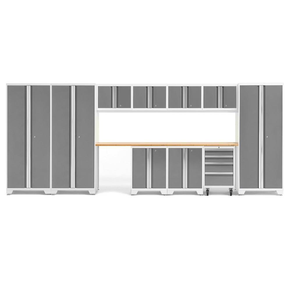 Newage Products Bold 3.0 Series 12-Piece Garage Cabinet Set With 3X Multi-Use Lockers-56987-Platinum-Bamboo Worktop-LED Lights-Garage Giant