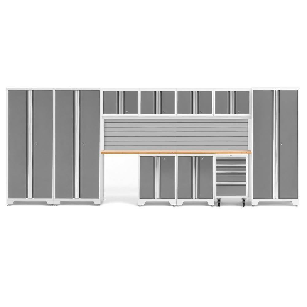 Newage Products Bold 3.0 Series 12-Piece Garage Cabinet Set With 3X Multi-Use Lockers-56989-Platinum-Bamboo Worktop-Slatwall Backsplash-Garage Giant