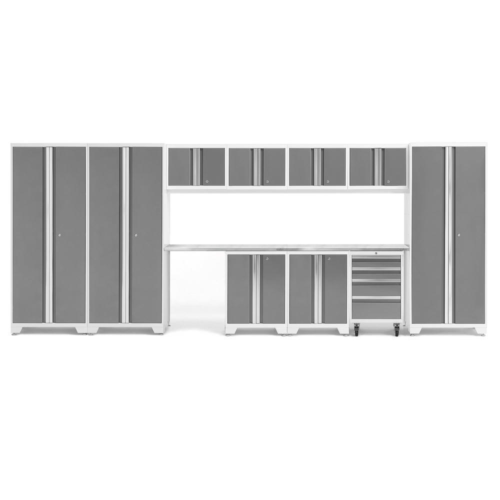 Newage Products Bold 3.0 Series 12-Piece Garage Cabinet Set With 3X Multi-Use Lockers-56984-Platinum-Stainless Steel Worktop-None-Garage Giant