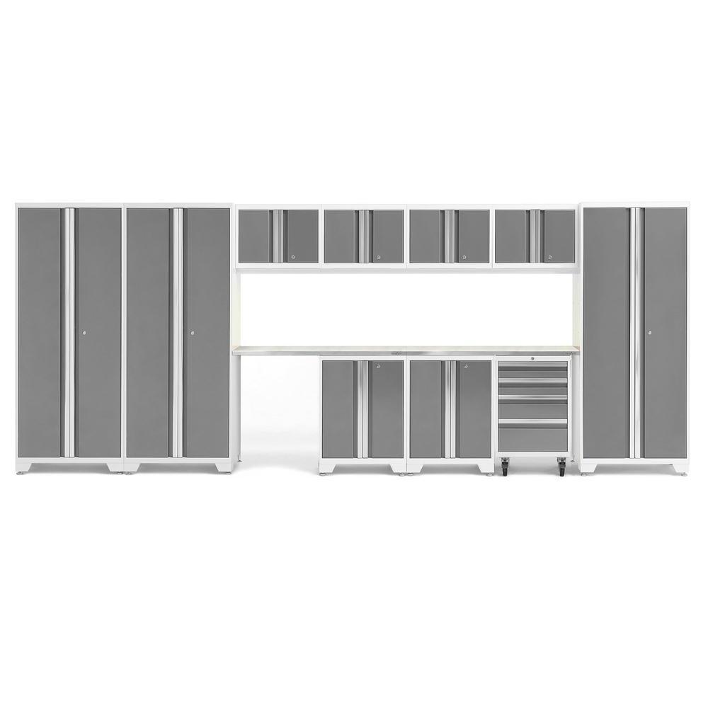 Newage Products Bold 3.0 Series 12-Piece Garage Cabinet Set With 3X Multi-Use Lockers-56986-Platinum-Stainless Steel Worktop-LED Lights-Garage Giant