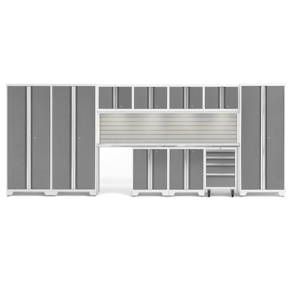 Newage Products Bold 3.0 Series 12-Piece Garage Cabinet Set With 3X Multi-Use Lockers-56990-Platinum-Stainless Steel Worktop-LED Lights + Slatwall Backsplash-Garage Giant