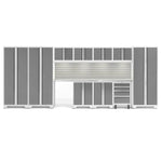 Newage Products Bold 3.0 Series 12-Piece Garage Cabinet Set With 3X Multi-Use Lockers-56990-Platinum-Stainless Steel Worktop-LED Lights + Slatwall Backsplash-Garage Giant 