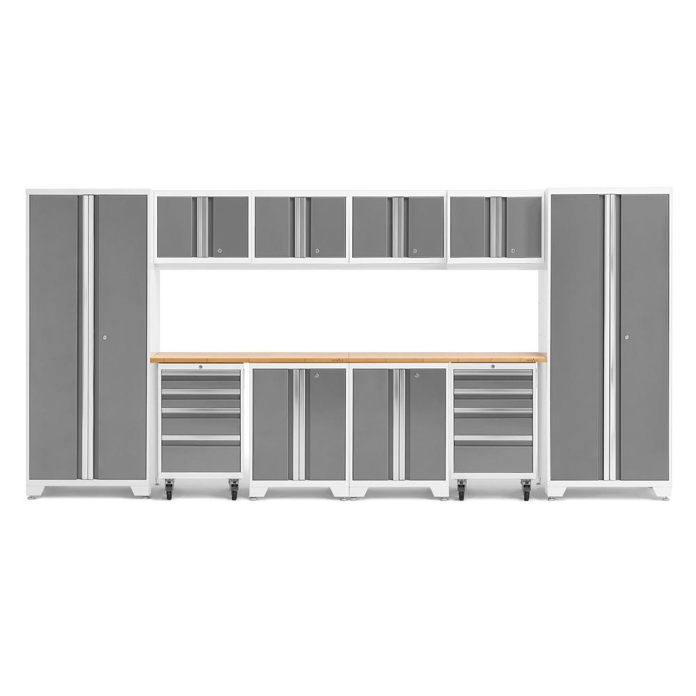 Newage Products Bold 3.0 Series 12-Piece Garage Cabinet Set With 2X Rolling Tool Cabinets-56915-Platinum-Bamboo Worktop-None-Garage Giant