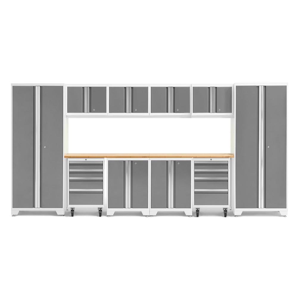 Newage Products Bold 3.0 Series 12-Piece Garage Cabinet Set With 2X Rolling Tool Cabinets-56917-Platinum-Bamboo Worktop-LED Lights-Garage Giant