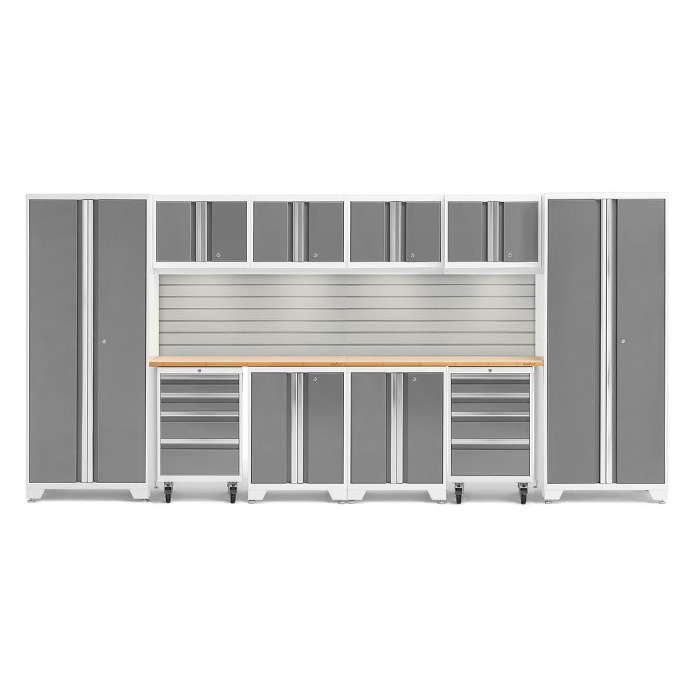 Newage Products Bold 3.0 Series 12-Piece Garage Cabinet Set With 2X Rolling Tool Cabinets-56921-Platinum-Bamboo Worktop-LED Lights + Slatwall Backsplash-Garage Giant