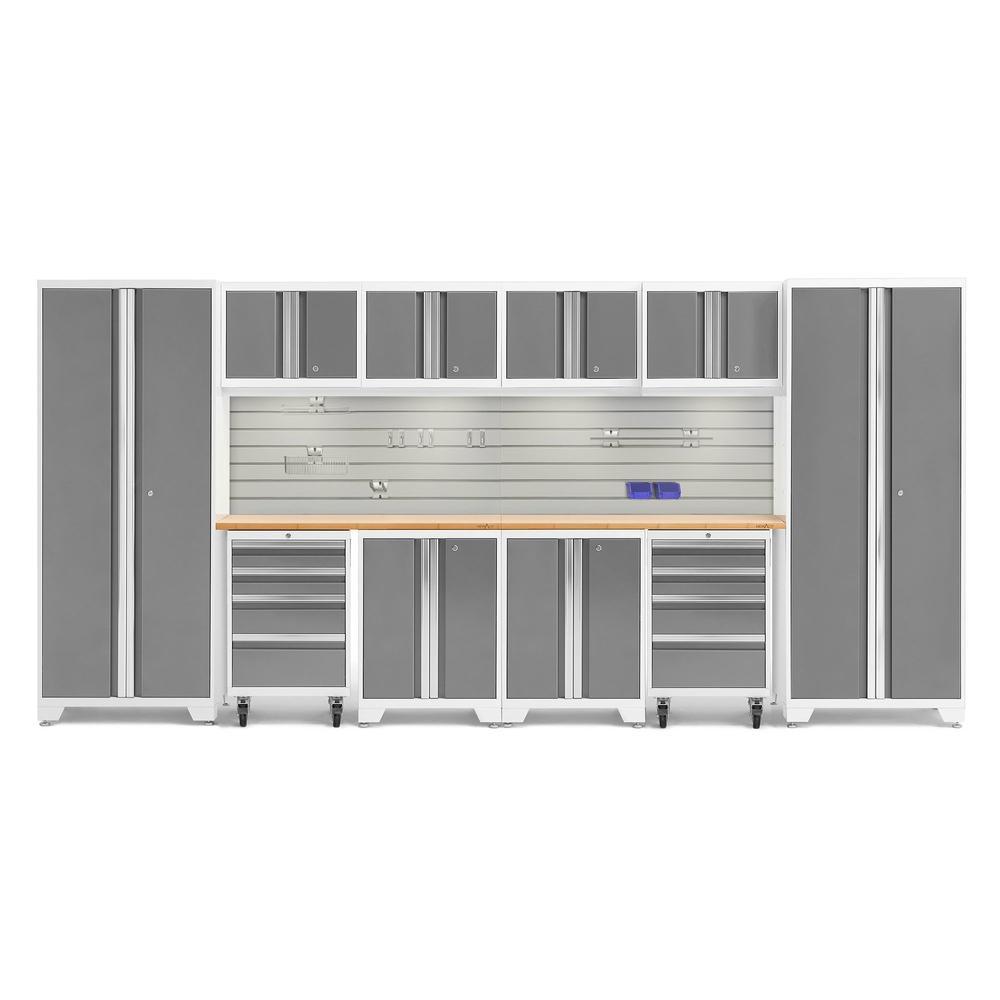 Newage Products Bold 3.0 Series 12-Piece Garage Cabinet Set With 2X Rolling Tool Cabinets-56941-Platinum-Bamboo Worktop-LED Lights + Slatwall Backsplash + Hook Kit-Garage Giant