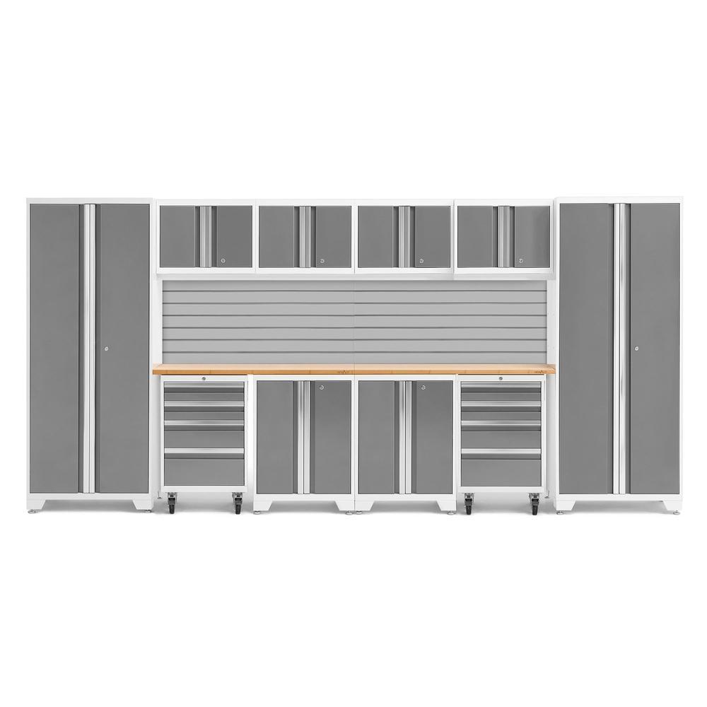 Newage Products Bold 3.0 Series 12-Piece Garage Cabinet Set With 2X Rolling Tool Cabinets-56923-Platinum-Bamboo Worktop-Slatwall Backsplash-Garage Giant