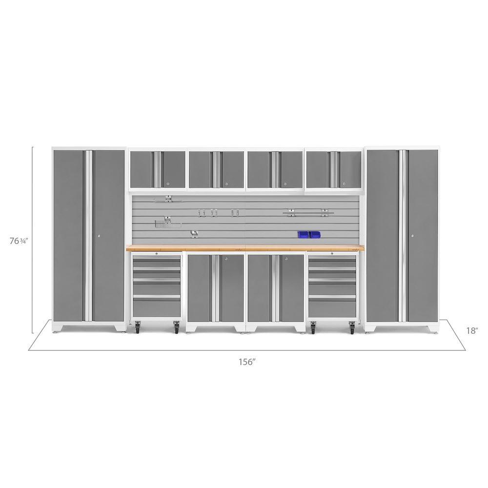 Newage Products Bold 3.0 Series 12-Piece Garage Cabinet Set With 2X Rolling Tool Cabinets-56940-Platinum-Bamboo Worktop-Slatwall Backsplash + 12-Piece Hook Kit-Garage Giant