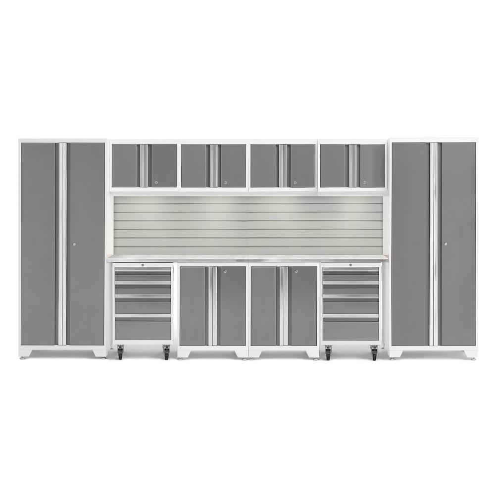 Newage Products Bold 3.0 Series 12-Piece Garage Cabinet Set With 2X Rolling Tool Cabinets-56922-Platinum-Stainless Steel Worktop-LED Lights + Slatwall Backsplash-Garage Giant