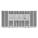 Newage Products Bold 3.0 Series 12-Piece Garage Cabinet Set With 2X Rolling Tool Cabinets-56967-Platinum-Stainless Steel Worktop-LED Lights + Slatwall Backsplash + Hook Kit-Garage Giant 