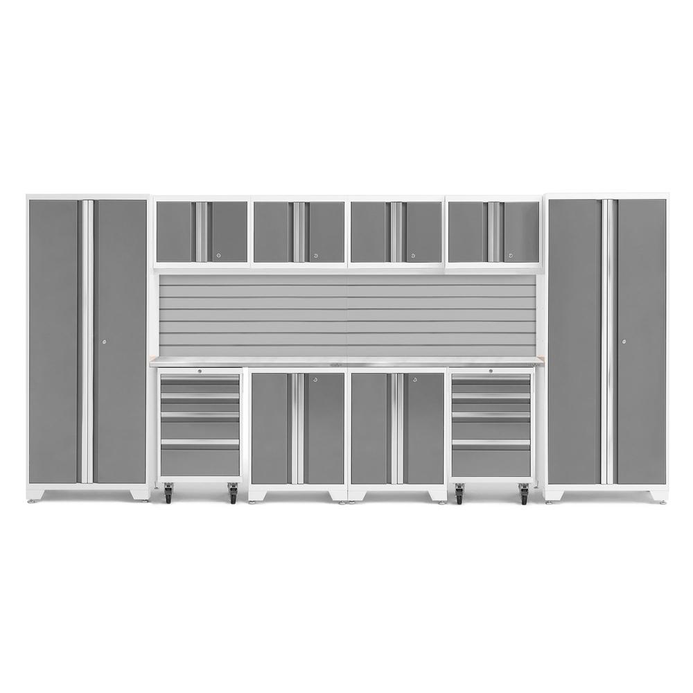 Newage Products Bold 3.0 Series 12-Piece Garage Cabinet Set With 2X Rolling Tool Cabinets-56920-Platinum-Stainless Steel Worktop-Slatwall Backsplash-Garage Giant