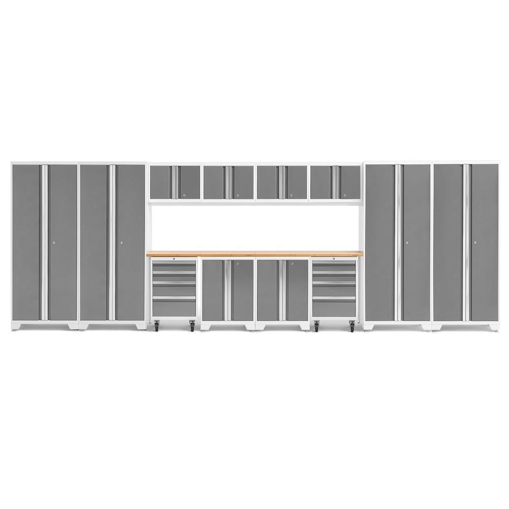 Newage Products Bold 3.0 Series 14-Piece Garage Cabinet Set With 4X Multi-Use Lockers-56992-Platinum-Bamboo Worktop-None-Garage Giant