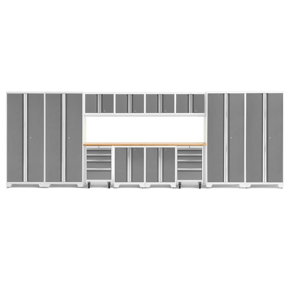 Newage Products Bold 3.0 Series 14-Piece Garage Cabinet Set With 4X Multi-Use Lockers-56994-Platinum-Bamboo Worktop-LED Lights-Garage Giant