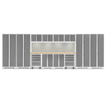 Newage Products Bold 3.0 Series 14-Piece Garage Cabinet Set With 4X Multi-Use Lockers-56998-Platinum-Bamboo Worktop-LED Lights + Slatwall Backsplash-Garage Giant 