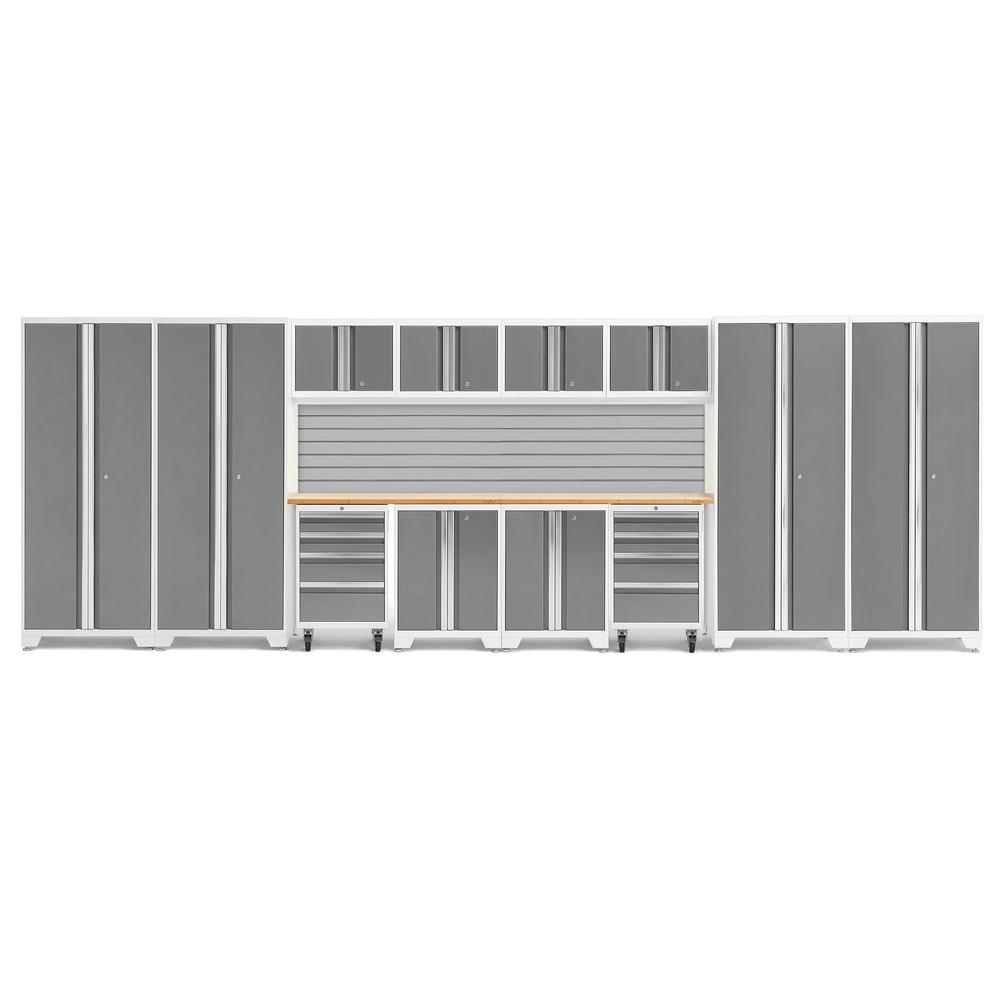 Newage Products Bold 3.0 Series 14-Piece Garage Cabinet Set With 4X Multi-Use Lockers-56996-Platinum-Bamboo Worktop-Slatwall Backsplash-Garage Giant
