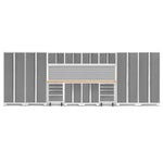 Newage Products Bold 3.0 Series 14-Piece Garage Cabinet Set With 4X Multi-Use Lockers-56996-Platinum-Bamboo Worktop-Slatwall Backsplash-Garage Giant 
