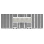Newage Products Bold 3.0 Series 14-Piece Garage Cabinet Set With 4X Multi-Use Lockers-56999-Platinum-Stainless Steel Worktop-LED Lights + Slatwall Backsplash-Garage Giant 
