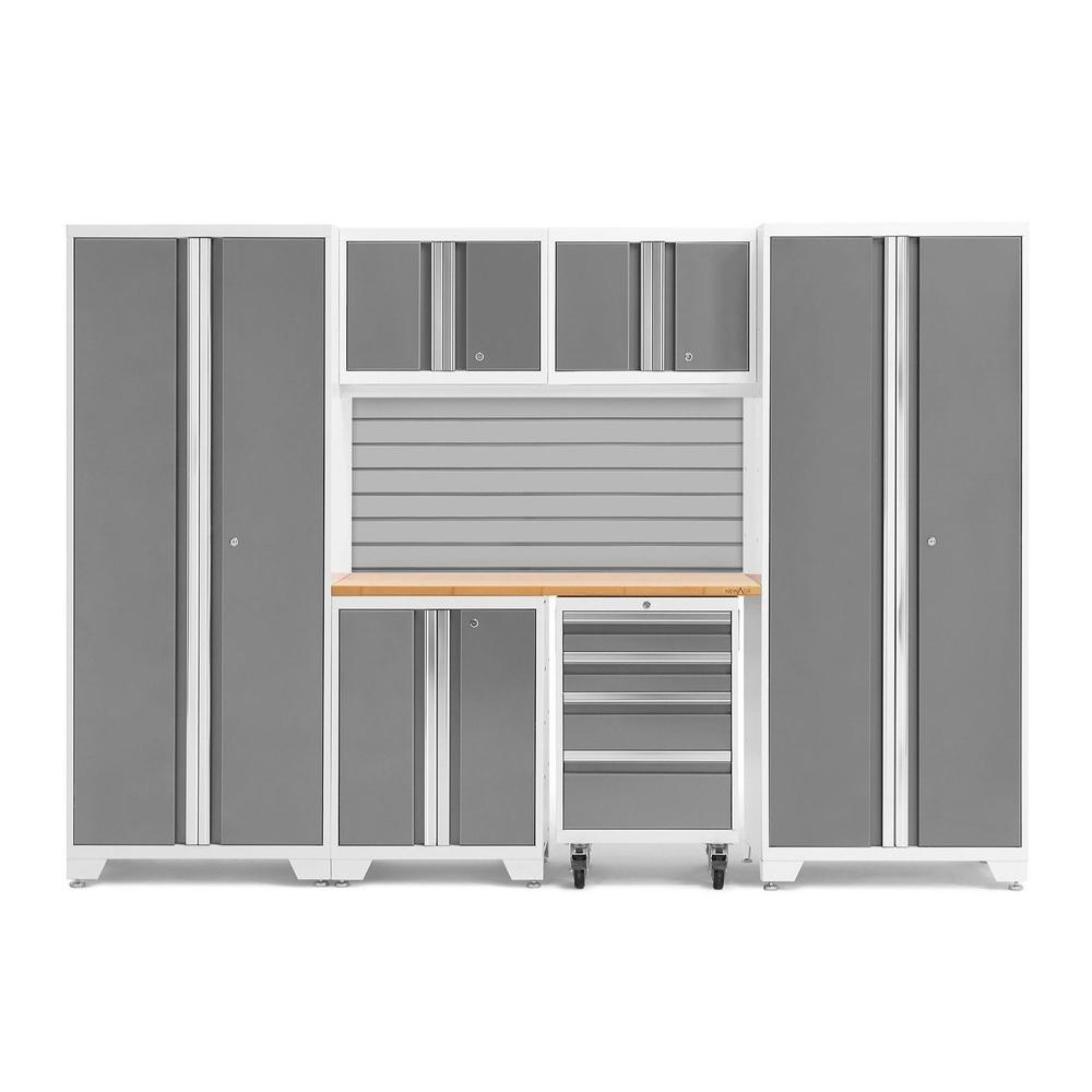 Newage Products Bold 3.0 Series 7-Piece Garage Cabinet Set-54876-Platinum-Bamboo Worktop-Slatwall Backsplash-Garage Giant