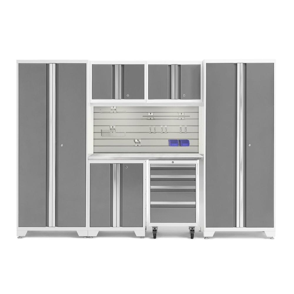 Newage Products Bold 3.0 Series 7-Piece Garage Cabinet Set-54922-Platinum-Stainless Steel Worktop-LED Lights + Slatwall Backsplash + 12-Piece Hook Kit-Garage Giant