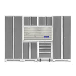 Newage Products Bold 3.0 Series 7-Piece Garage Cabinet Set-54922-Platinum-Stainless Steel Worktop-LED Lights + Slatwall Backsplash + 12-Piece Hook Kit-Garage Giant 