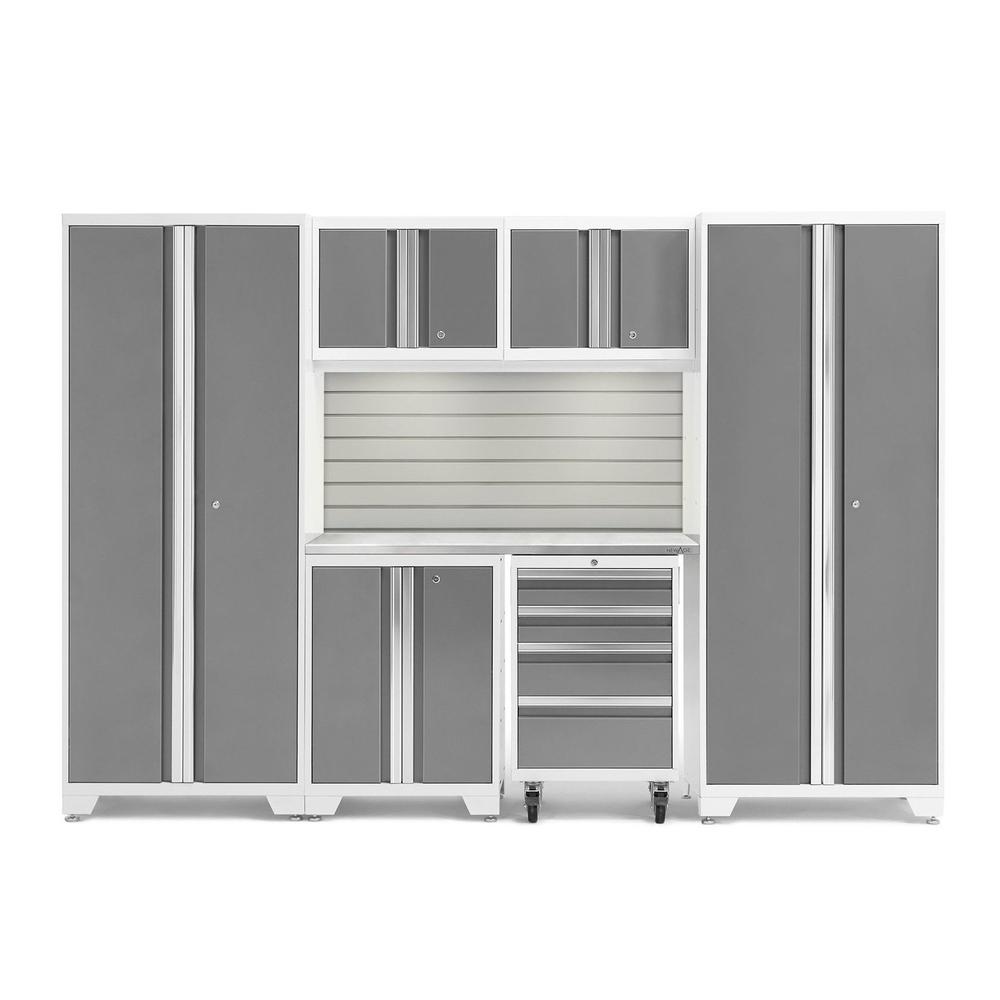 Newage Products Bold 3.0 Series 7-Piece Garage Cabinet Set-54877-Platinum-Stainless Steel Worktop-LED Lights + Slatwall Backsplash-Garage Giant