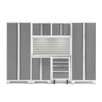 Newage Products Bold 3.0 Series 7-Piece Garage Cabinet Set-54877-Platinum-Stainless Steel Worktop-LED Lights + Slatwall Backsplash-Garage Giant 