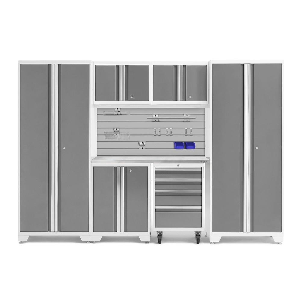 Newage Products Bold 3.0 Series 7-Piece Garage Cabinet Set-54921-Platinum-Stainless Steel Worktop-Slatwall Backsplash + 12-Piece Hook Kit-Garage Giant