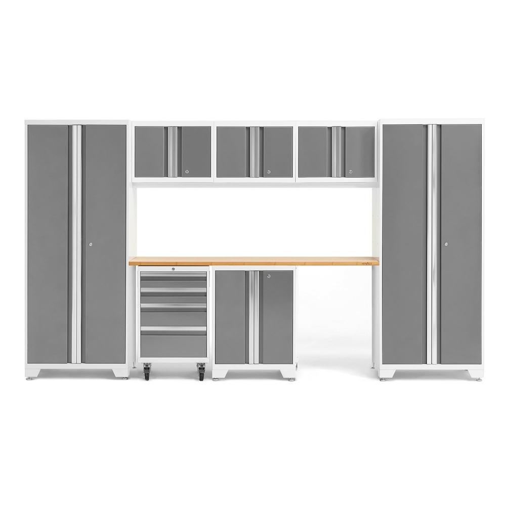 Newage Products Bold 3.0 Series 8-Piece Garage Cabinet Set-54934-Platinum-Bamboo Worktop-LED Lights-Garage Giant