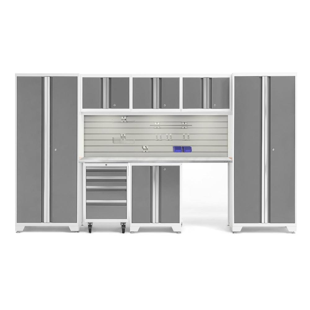 Newage Products Bold 3.0 Series 8-Piece Garage Cabinet Set-54983-Platinum-Stainless Steel Worktop-LED Lights + Slatwall Backsplash + Hook Kit-Garage Giant