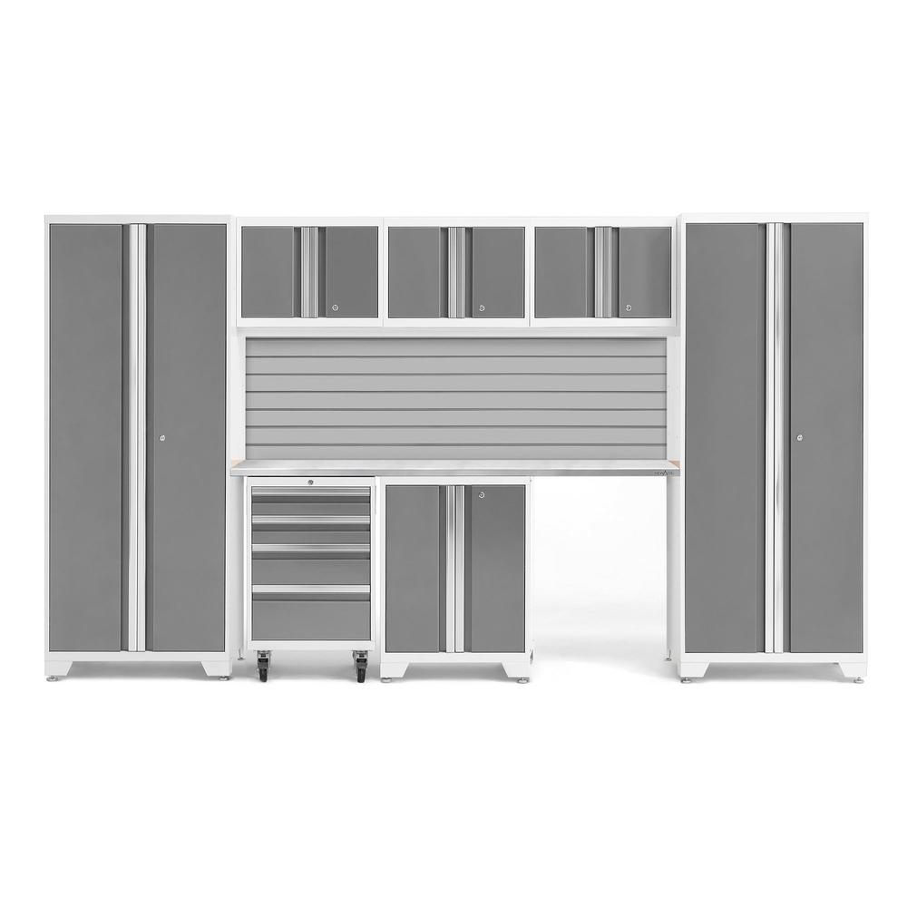 Newage Products Bold 3.0 Series 8-Piece Garage Cabinet Set-54936-Platinum-Stainless Steel Worktop-Slatwall Backsplash-Garage Giant