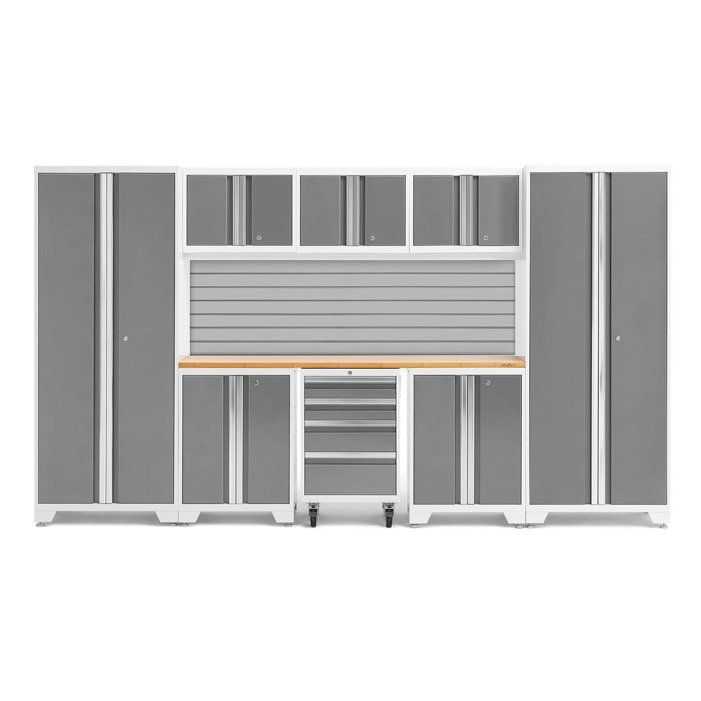 Newage Products Bold 3.0 Series 9-Piece Garage Cabinet Set-54999-Platinum-Bamboo Worktop-Slatwall Backsplash-Garage Giant
