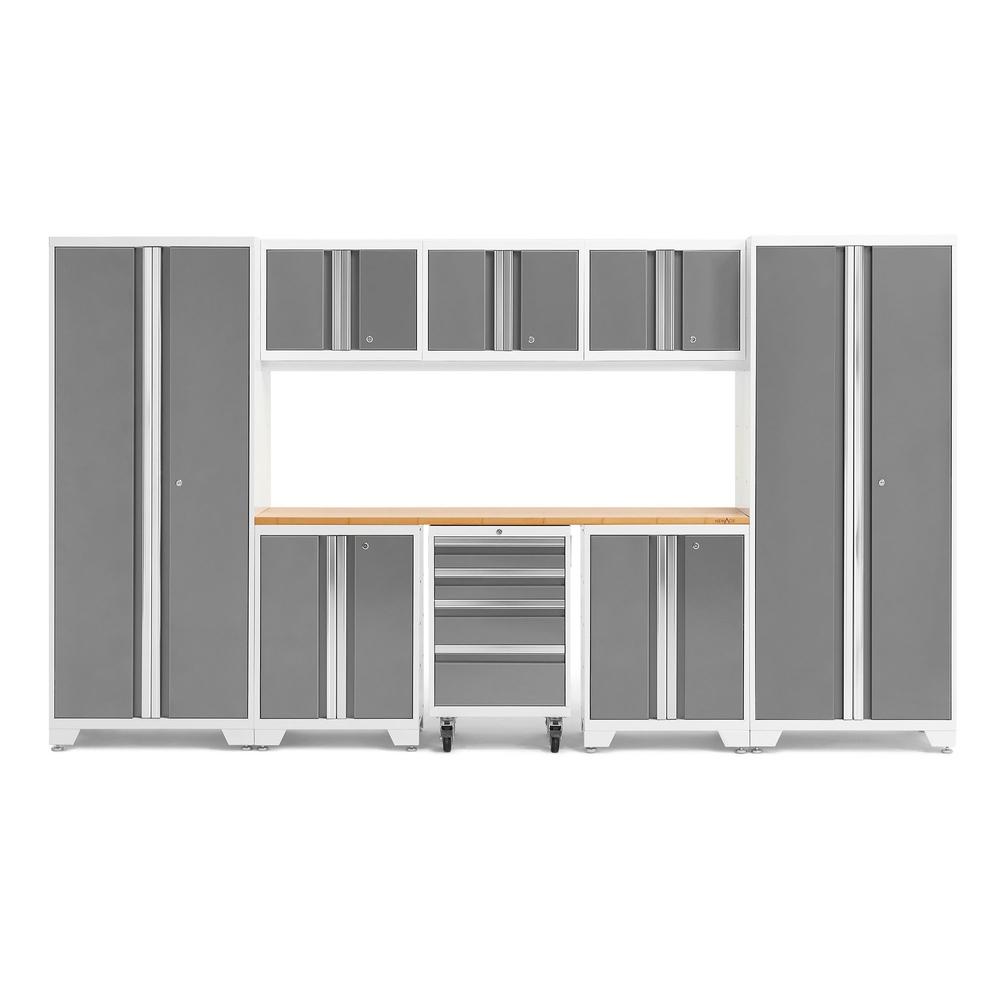Newage Products Bold 3.0 Series 9-Piece Garage Cabinet Set-54994-Platinum-Bamboo Worktop-LED Lights-Garage Giant