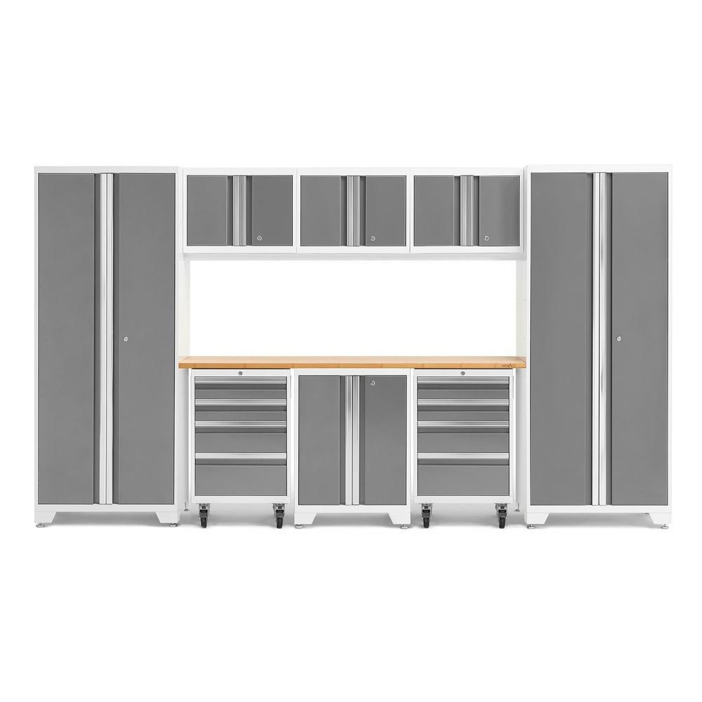 Newage Products Bold 3.0 Series Platinum 9-Piece Garage Cabinet Set With 2X Rolling Tool Cabinet-56909-Bamboo Worktop-LED Lights-Garage Giant