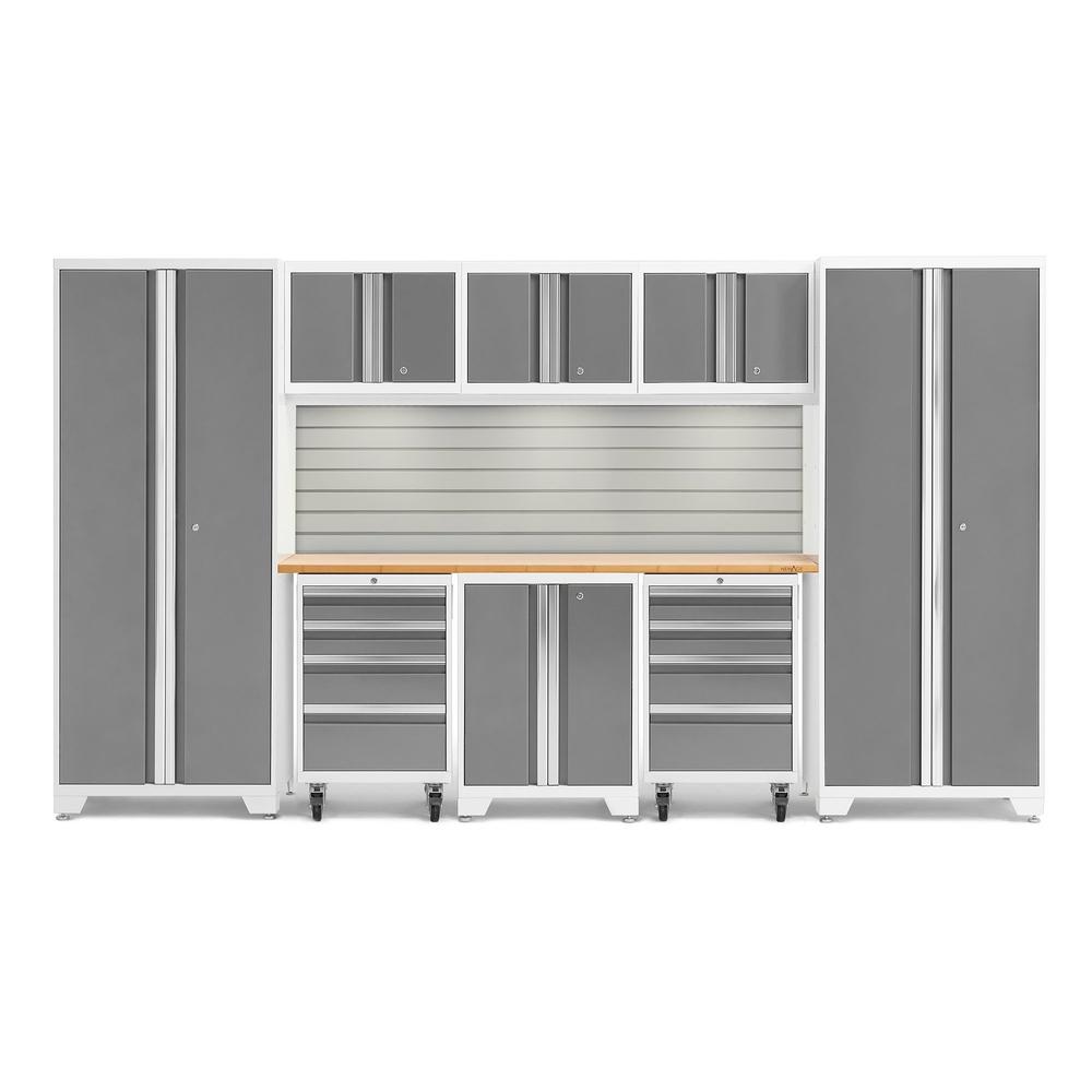 Newage Products Bold 3.0 Series Platinum 9-Piece Garage Cabinet Set With 2X Rolling Tool Cabinet-56913-Bamboo Worktop-LED Lights + Slatwall Backsplash-Garage Giant