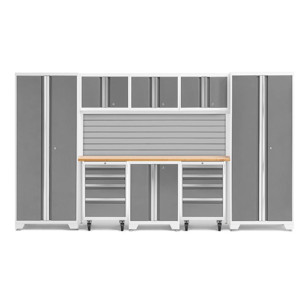 Newage Products Bold 3.0 Series Platinum 9-Piece Garage Cabinet Set With 2X Rolling Tool Cabinet-56911-Bamboo Worktop-Slatwall Backsplash-Garage Giant