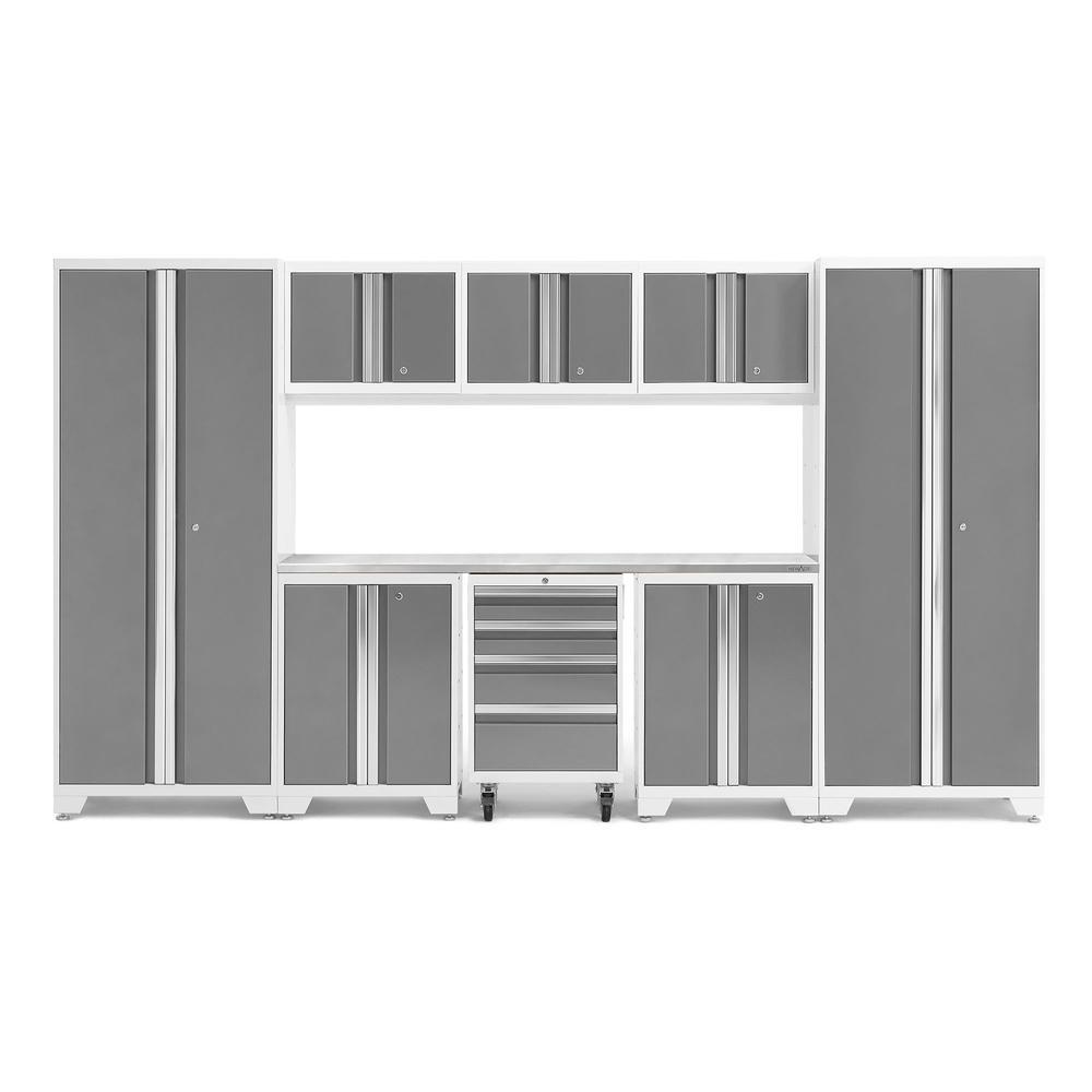 Newage Products Bold 3.0 Series 9-Piece Garage Cabinet Set-54993-Platinum-Stainless Steel Worktop-None-Garage Giant