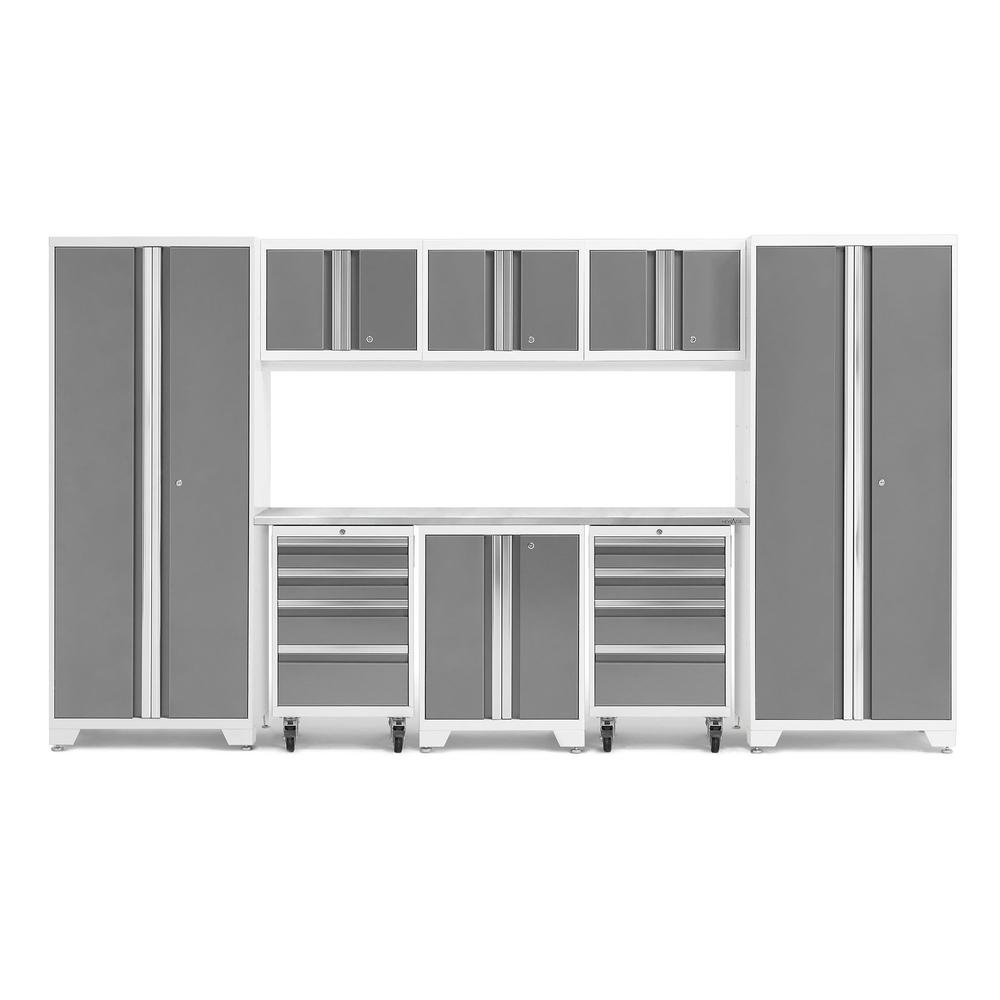 Newage Products Bold 3.0 Series Platinum 9-Piece Garage Cabinet Set With 2X Rolling Tool Cabinet-56908-Stainless Steel Worktop-None-Garage Giant