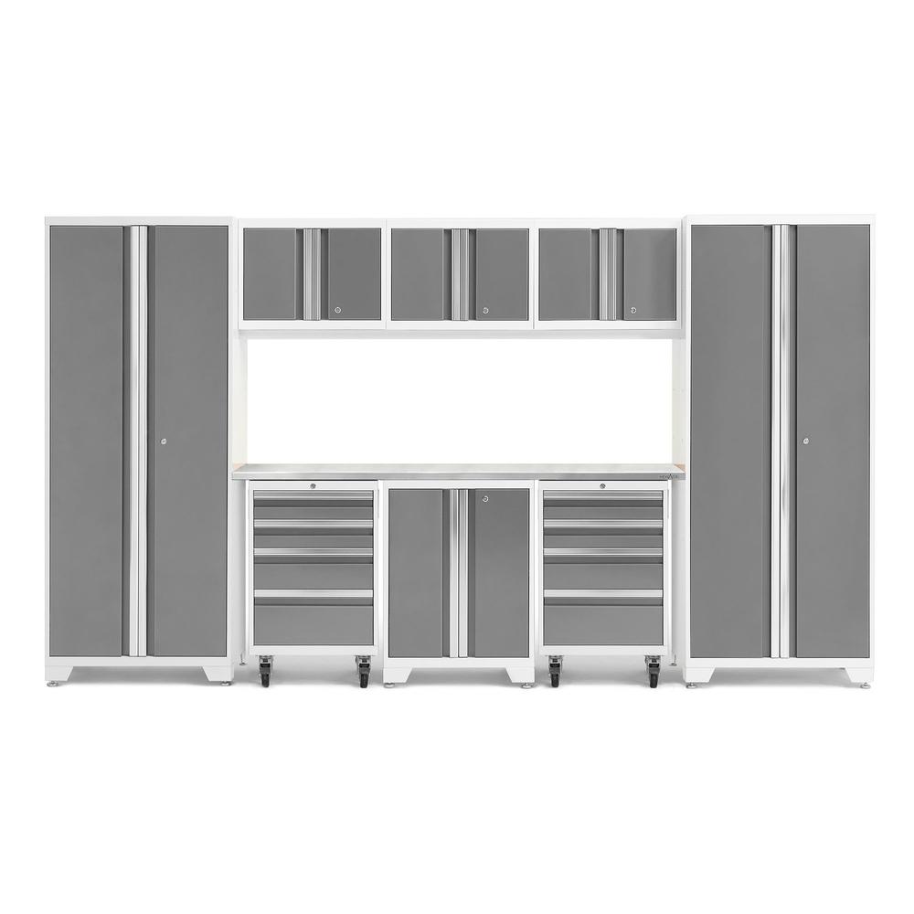 Newage Products Bold 3.0 Series Platinum 9-Piece Garage Cabinet Set With 2X Rolling Tool Cabinet-56910-Stainless Steel Worktop-LED Lights-Garage Giant